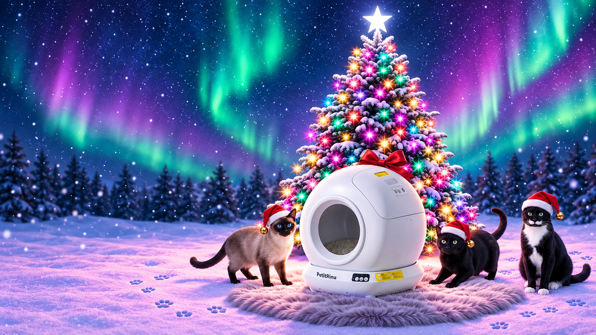 Aurora Wonderland: PetitRinu self-cleaning litter box, sold by Litter Ion, with three cats in Santa hats under the northern lights